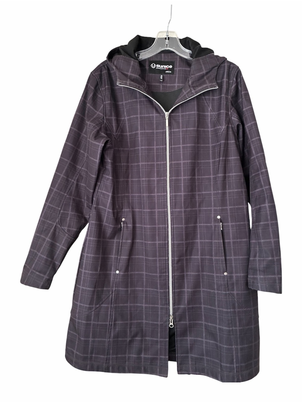 Sunice Women's Purple Plaid Hooded Rain Trench Sz large
